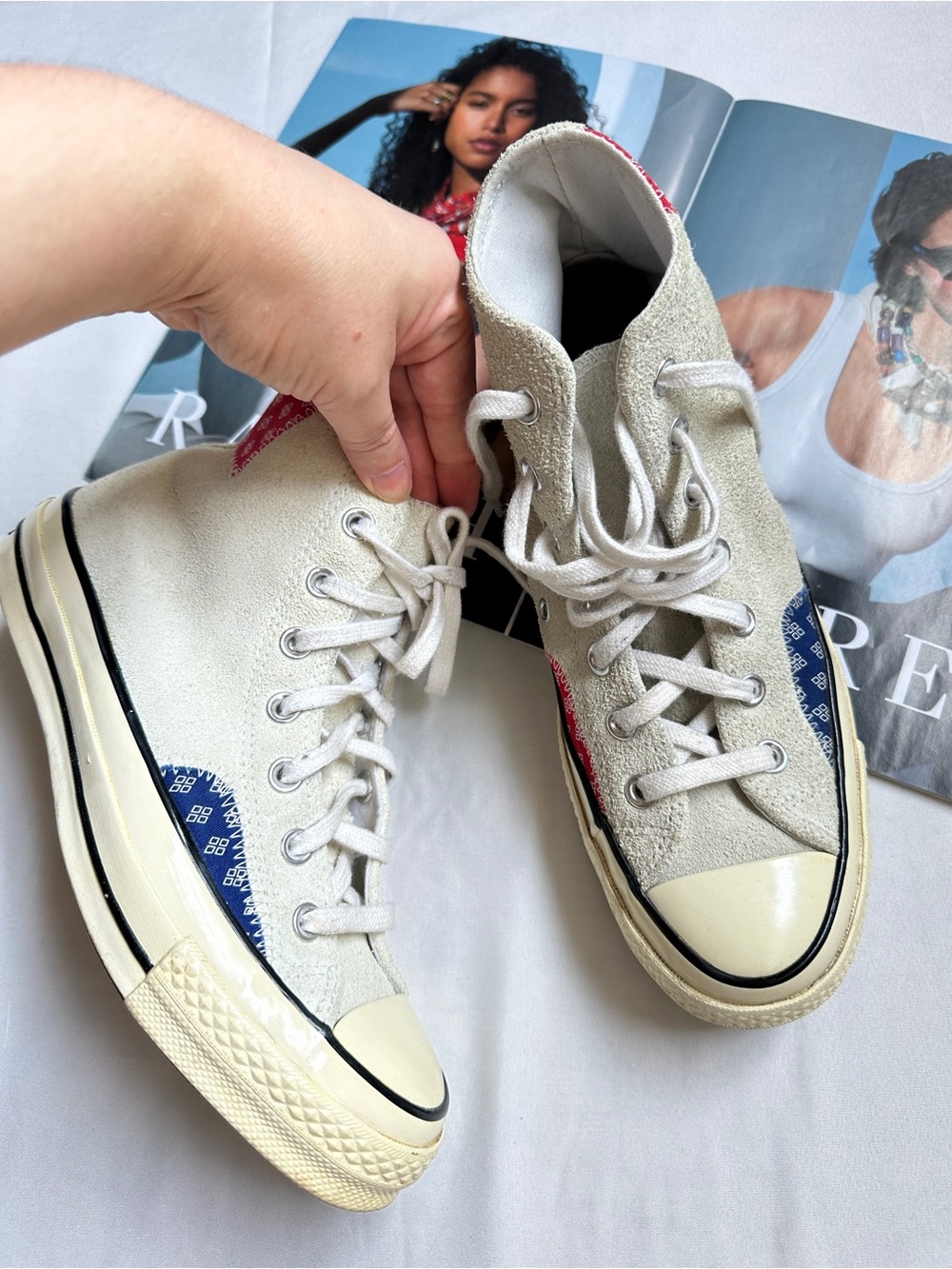 Converse High-Top Suede Sneakers in Off-White with Blue and Red Accents